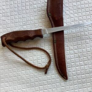 Vintage Buck Model 122 Wood Handled Filet Knife w/ Leather Sheath